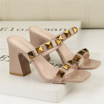 Square Toe Rivet Slip on Block Heeled Sandals