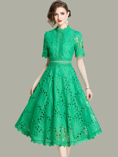 Olive™ -  Elegant Floral Crochet Lace Midi Dress