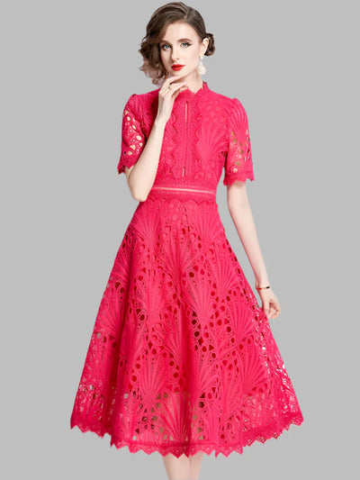 Olive™ -  Elegant Floral Crochet Lace Midi Dress