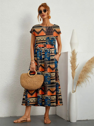 Hazel™ - Stylish O-neck Printed Dress with Pockets