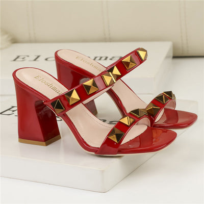 Square Toe Rivet Slip on Block Heeled Sandals