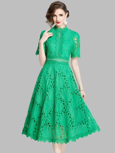 Olive™ -  Elegant Floral Crochet Lace Midi Dress
