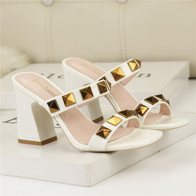 Square Toe Rivet Slip on Block Heeled Sandals