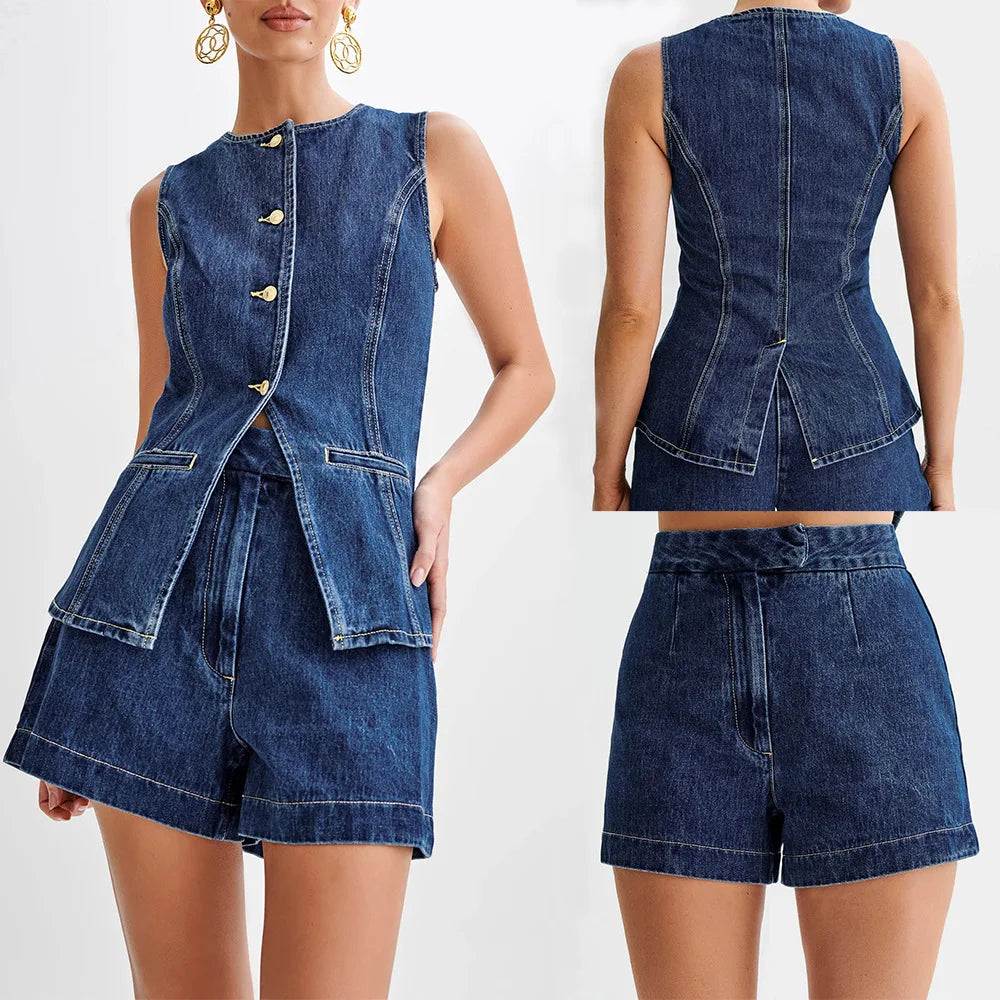 Evie™ - Modern Sleeveless Denim Two Piece Set