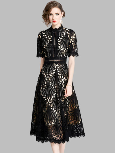 Olive™ -  Elegant Floral Crochet Lace Midi Dress