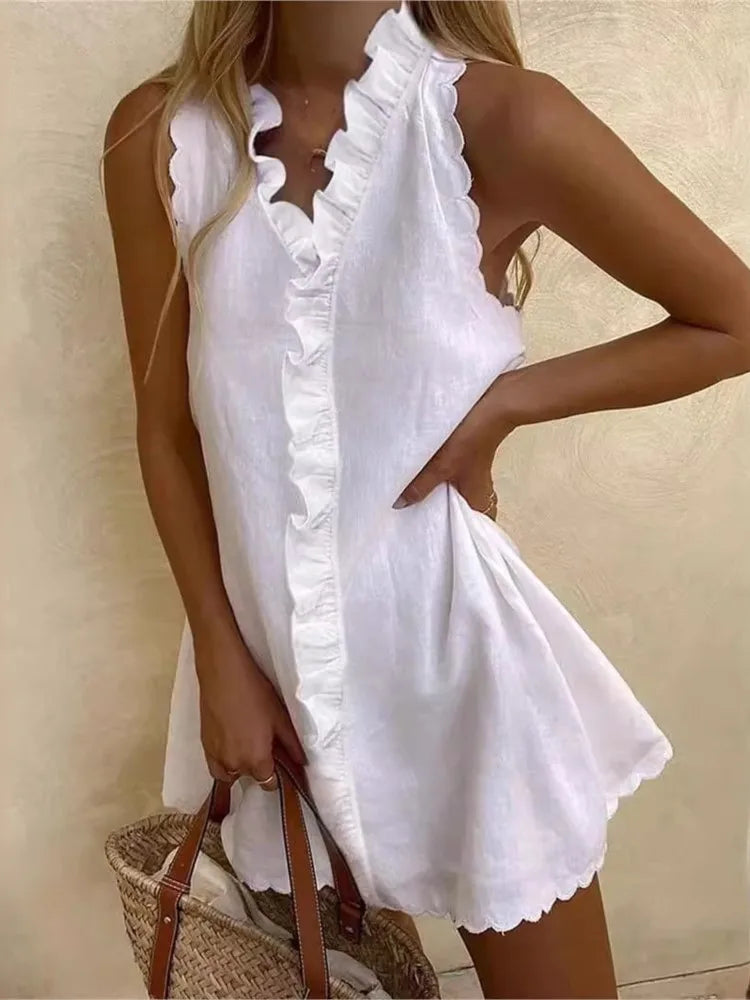 Anna™ - Casual Linen White Summer Dress with V Neck and Ruffles