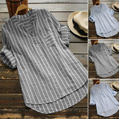 Mila - Cotton Linen Striped Long Sleeve Shirt