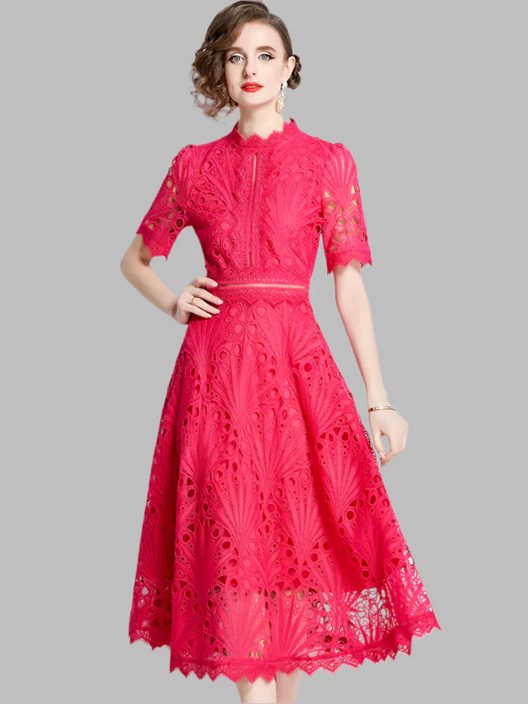 Olive™ -  Elegant Floral Crochet Lace Midi Dress