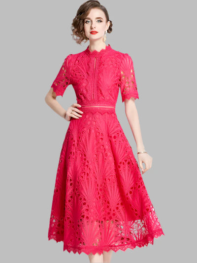 Olive™ -  Elegant Floral Crochet Lace Midi Dress