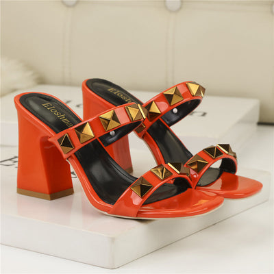 Square Toe Rivet Slip on Block Heeled Sandals