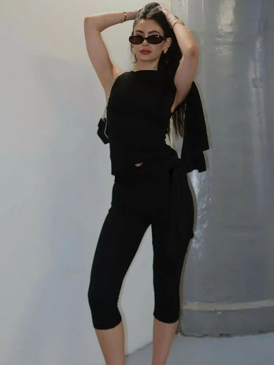 Scarlett™ - Stylish Monochrome Set - Top And High Waist Shorts Set