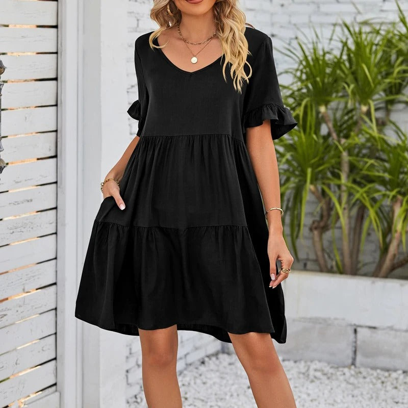 Ava™ - Comfy V-Neck Flounce Sleeve Tiered Dress