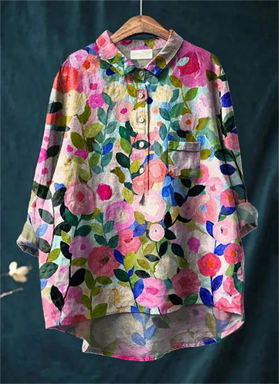 Flora - Vintage Colorful Floral Art Print Cotton Linnen Shirt