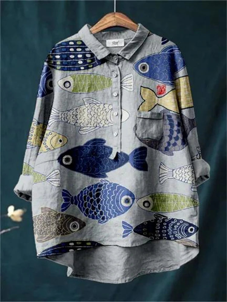 Sophia - Vintage Fish Sardines Art Print Cotton Linnen Shirt