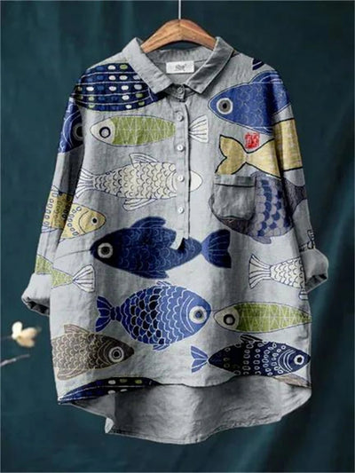 Sophia - Vintage Fish Sardines Art Print Cotton Linnen Shirt