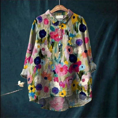 Flora - Vintage Colorful Floral Art Print Cotton Linnen Shirt