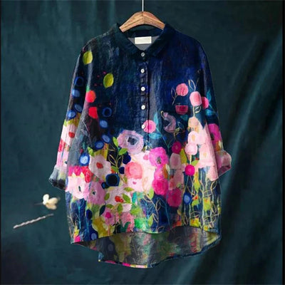 Flora - Vintage Colorful Floral Art Print Cotton Linnen Shirt