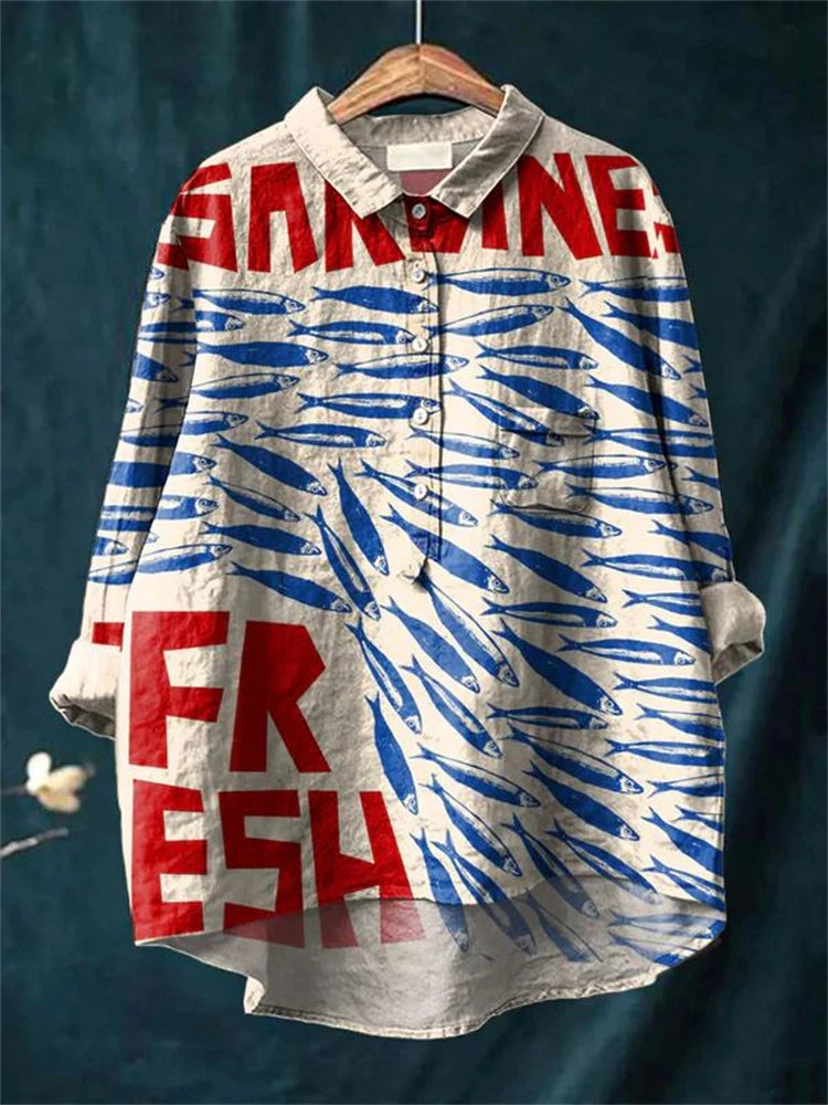 Sophia - Vintage Fish Sardines Art Print Cotton Linnen Shirt