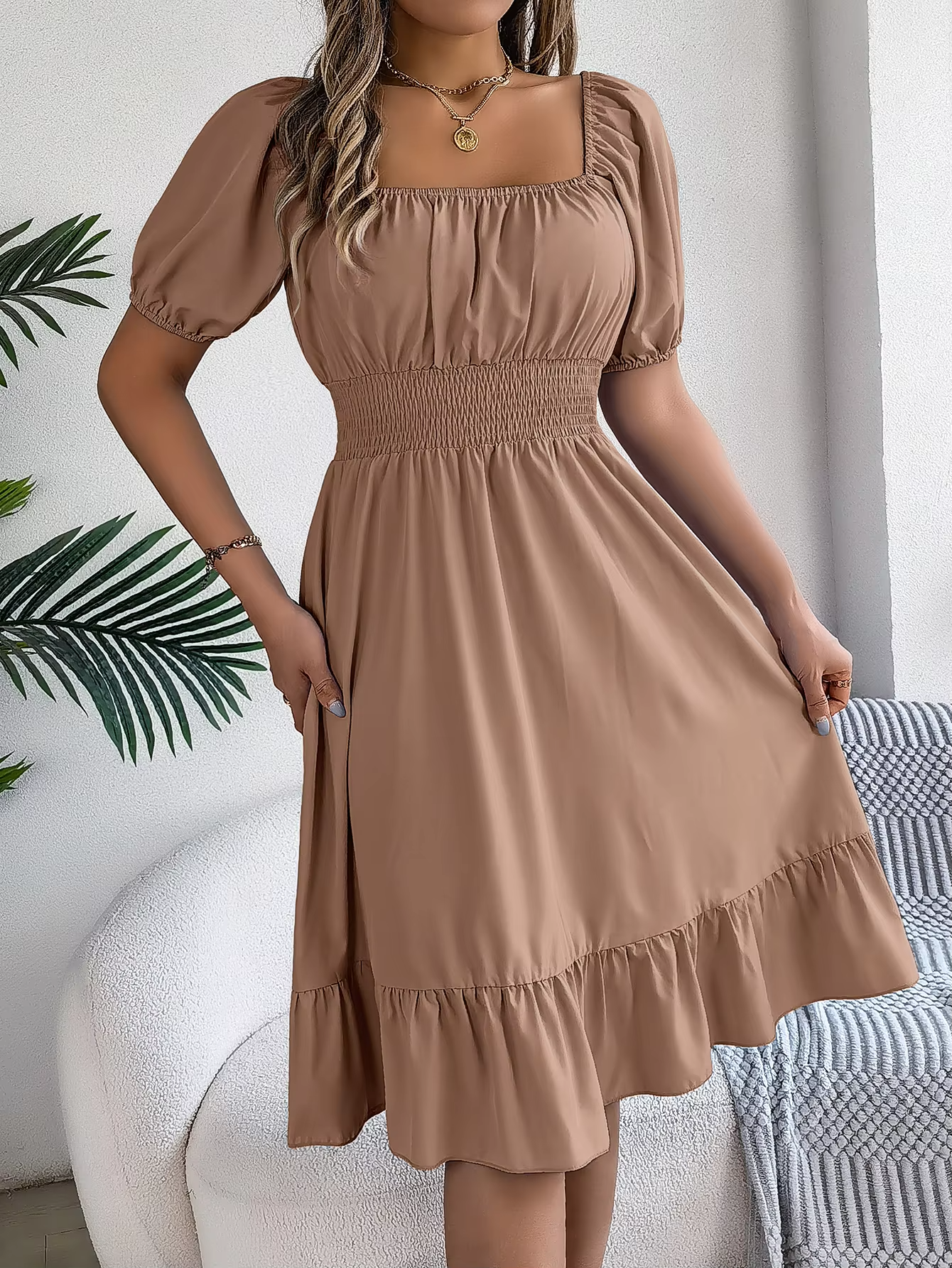 Aria™ - Stylish Short Sleeve V Neck Linen Dress