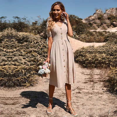 Sienna™ - Elegant Long Dress With V-Neck And High Waist