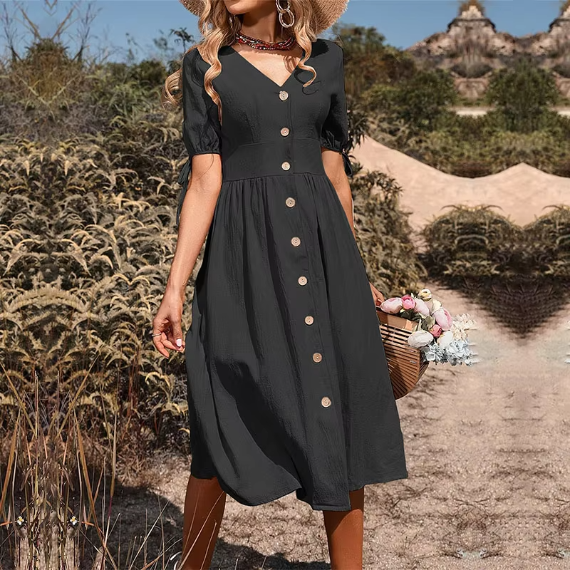 Sienna™ - Elegant Long Dress With V-Neck And High Waist