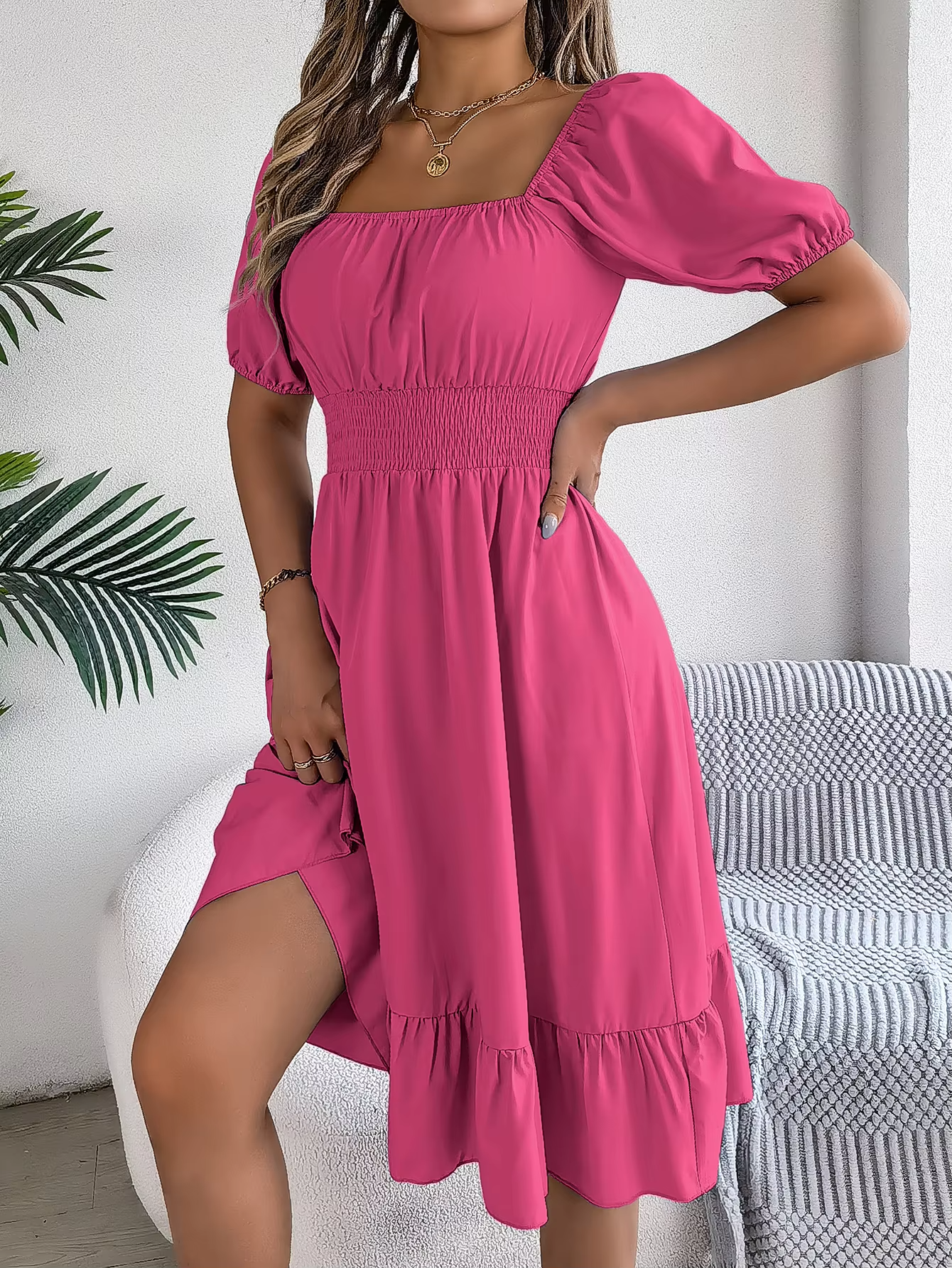 Aria™ - Stylish Short Sleeve V Neck Linen Dress