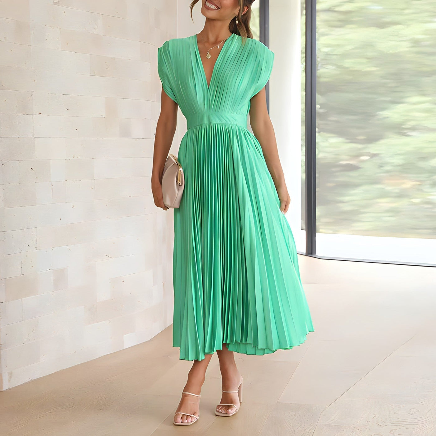 Stella™ - Elegant V-neck Pleated Maxi Dress