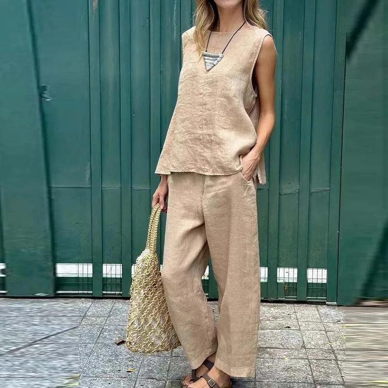 Grace - Cotton Linen Casual Solid Color Two-piece Set