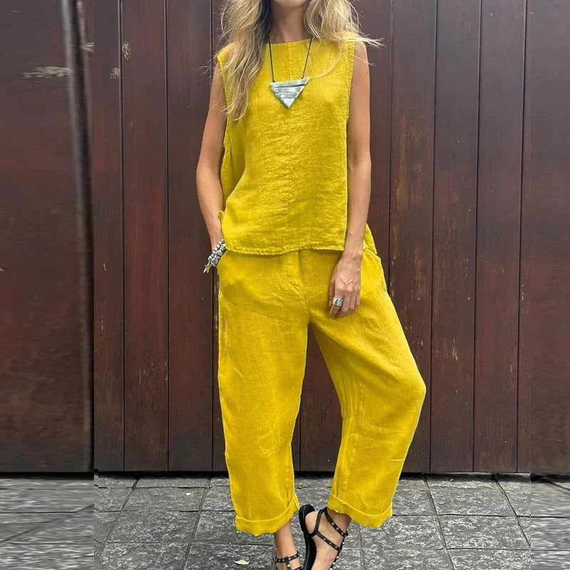 Grace - Cotton Linen Casual Solid Color Two-piece Set
