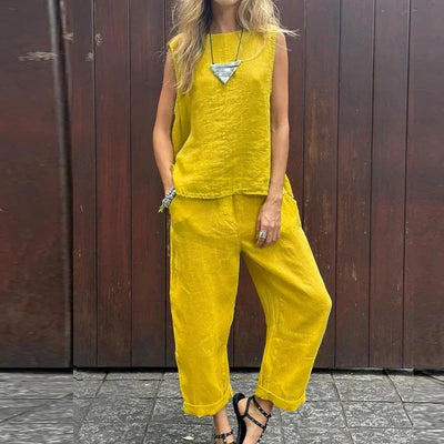 Grace - Cotton Linen Casual Solid Color Two-piece Set